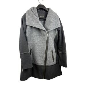GUESS Womens Grey Zip Coat Faux Leather Trim Size Medium